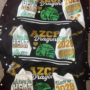 Cheer Varsity Cheer Captain letterman  School Mascot - Full Sleeve Glitter Multi Color  Letterman Varsity Jackets For Kids and Adults