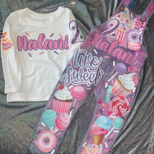 Sweet One Two Sweet Donut Grow Up Cupcake Cotton Candy Donut Birthday Girl Overalls Custom Denim Birthday Outfit image 1