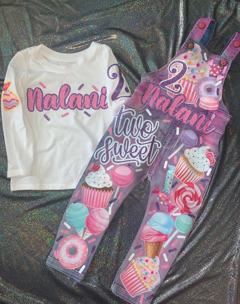 Sweet One Two Sweet Donut Grow Up Cupcake Cotton Candy Donut Birthday Girl Overalls Custom Denim Birthday Outfit image 1