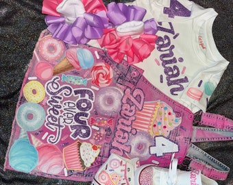 Sweet One Two Sweet Donut Grow Up Cupcake Cotton Candy Donut Birthday Girl Overalls Custom Denim Birthday Outfit