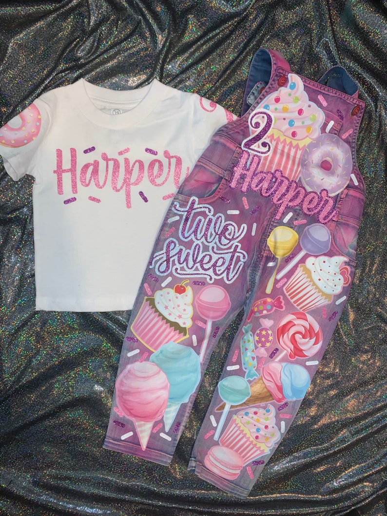 Sweet One Two Sweet Donut Grow Up Cupcake Cotton Candy Donut Birthday Girl Overalls Custom Denim Birthday Outfit image 8