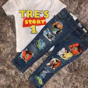 Toy Birthday Outfit Distressed Jeans Custom Ripped Denim Shorts or Jeans Cartoon Characters Disney