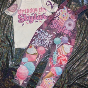 Sweet One Two Sweet Donut Grow Up Cupcake Cotton Candy Donut Birthday Girl Overalls Custom Denim Birthday Outfit image 6