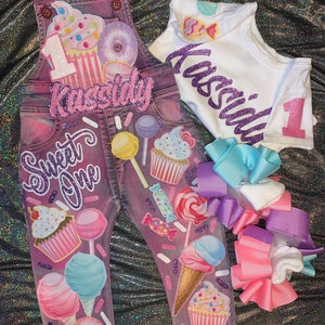 Sweet One Two Sweet Donut Grow Up Cupcake Cotton Candy Donut Birthday Girl Overalls Custom Denim Birthday Outfit image 7