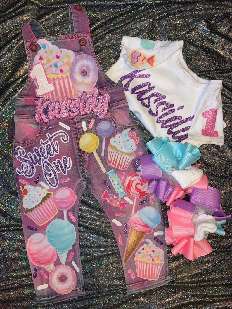 Sweet One Two Sweet Donut Grow Up Cupcake Cotton Candy Donut Birthday Girl Overalls Custom Denim Birthday Outfit image 7