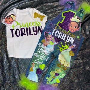 Princess Purple Green OVERALLS Birthday Overalls Custom Denim BirthdAy Outfit