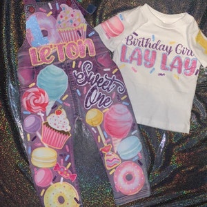 Sweet One Two Sweet Donut Grow Up Cupcake Cotton Candy Donut Birthday Girl Overalls Custom Denim Birthday Outfit image 4