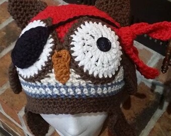 Crochet Pirate Owl Hat, Pirate Friend, Owl Lover, Gift for Friend, Gift for Child, Infant to Adult Sizes, Made to Order