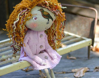 Pixie elf doll - Woodland  girl - Handmade doll - Textile toy - Halloween doll- Exrime primitive - Embroidered insect - Fantasy doll.