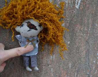 Mini doll - Little toy - Rag doll - Pixie elf doll - Woodland girl - Handmade doll - Textile toy - Embroidered insect - Fantasy doll.