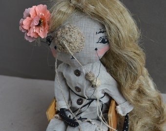 Art rabbit doll - Eastern bunny - Textile bunny - Fabric cloth doll - Soft stuffed toy -  Rag doll - Woodland animal - Strange doll.