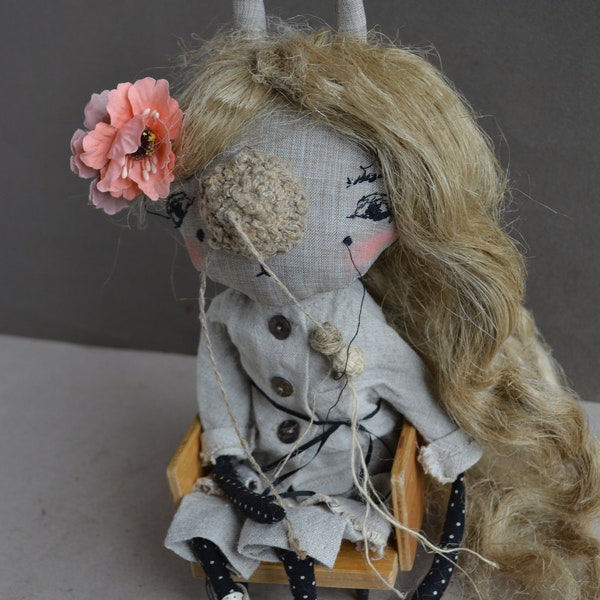 Art rabbit doll - Eastern bunny - Textile bunny - Fabric cloth doll - Soft stuffed toy -  Rag doll - Woodland animal - Strange doll.