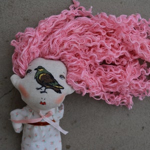 May include: A handmade doll with pink curly hair and a white dress. The doll's face is embroidered with a bird and a blush.