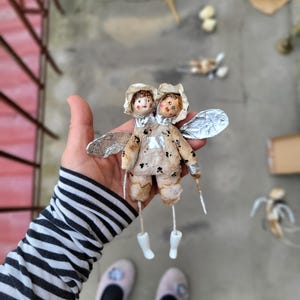 Spun cotton decor ornament - Twins toy - Children room decoration - Vintage Christmas - Woodland animal - Strange doll - Hand made.