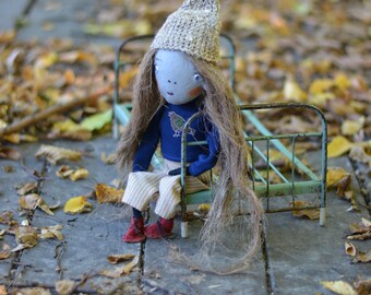 Pixie elf doll - Woodland  girl - Handmade doll - Textile toy - Halloween doll- Exrime primitive - Embroidered insect - Fantasy doll.