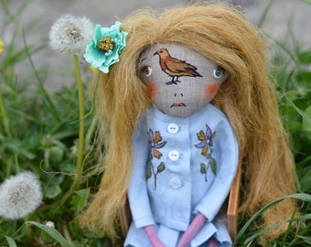 Pixie elf doll - Woodland  girl - Handmade doll - Textile toy - Halloween doll- Exrime primitive - Embroidered insect - Fantasy doll.