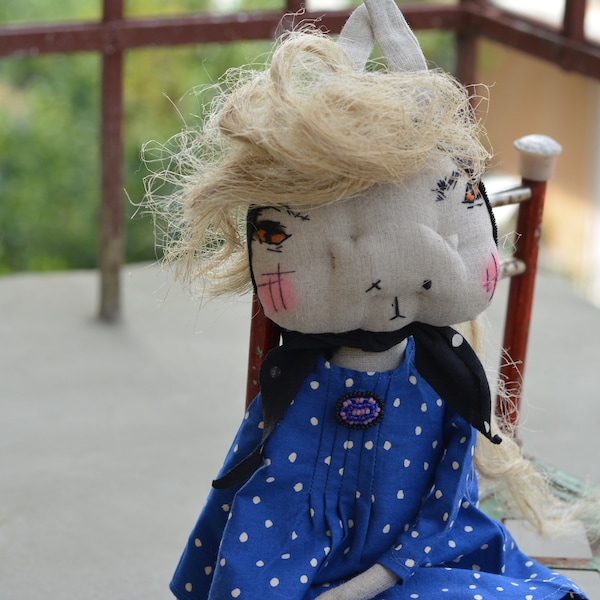 Art rabbit doll - Eastern bunny - Textile bunny - Fabric cloth doll - Soft stuffed toy -  Rag doll - Woodland animal - Strange doll.