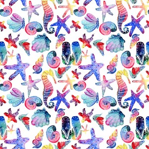 May include: A watercolour pattern featuring a variety of colourful sea life, including starfish, seashells, and seahorses. The pattern is set against a white background.