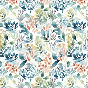 May include: A seamless pattern featuring watercolor illustrations of blue, green, and orange leaves and branches on a white background.