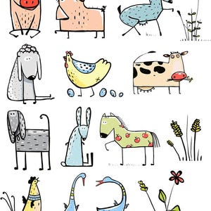 May include: A colourful illustration of various farm animals, including pigs, a goat, a sheep, a chicken, a cow, a dog, a rabbit, a horse, and geese. The cartoon-style animals have bold outlines and are rendered in bright, cheerful colours.