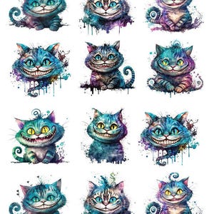 May include: A sheet of stickers with watercolour illustrations of the Cheshire Cat. The cats have wide grins, blue and purple fur, and are surrounded by colourful paint splatters. The text "31690" is in the upper left corner.