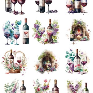May include: Watercolor illustrations of wine bottles and glasses filled with red wine. Each image features decorative elements like grapes, flowers, and hearts. The images are in a romantic, artistic style, perfect for wine-themed decor.