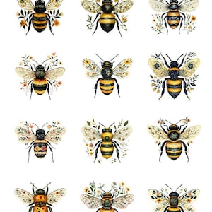 May include: A sheet of watercolor bee illustrations. Each bee is depicted with yellow and black stripes, surrounded by floral and leaf accents. The bees have detailed wings and are set against a white background.
