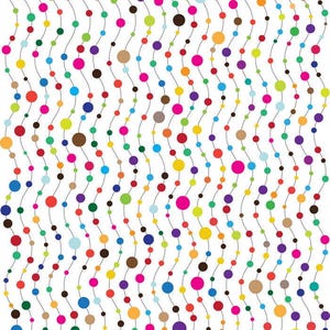 May include: Abstract digital art featuring a white background with vertical, wavy lines. Each line is adorned with a series of colorful, evenly spaced circles in various sizes and hues, including red, blue, green, and yellow.