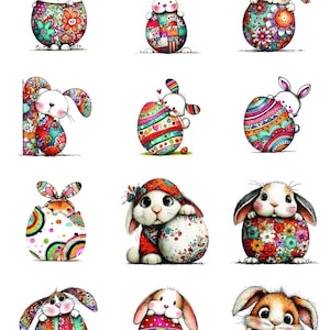 May include: A collection of colorful Easter-themed illustrations featuring bunnies and decorated eggs. The bunnies have various patterns and hold or are near the eggs. The eggs are adorned with floral, patchwork, and patterned designs. The image includes the number "66955".