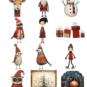 May include: A collection of whimsical Christmas-themed illustrations. The image features a reindeer, Santa Claus, a snowman, an owl, a girl, birds, wrapped gifts, a Christmas tree, and a decorative ornament. Each character is depicted in a watercolor style with festive colors.