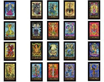 May include: A collection of framed tarot card art prints. Each print features vibrant, detailed illustrations with a variety of colors, including red, blue, yellow, and green. The artwork is framed in black, creating a cohesive display.