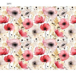 Könnte beinhalten: Aquarell-Blumenmuster mit rosa, roten und weißen Mohnblumen, schwarzen Zentren und goldenen Akzenten. Das Design umfasst zarte Stiele und Blätter auf cremefarbenem Hintergrund. Der Text "22579" befindet sich oben links.