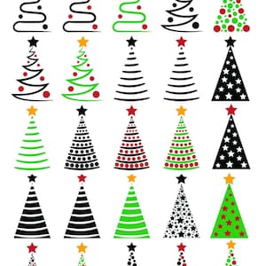 May include: A collection of stylized Christmas tree designs in various colors and patterns. The trees feature stars at the top and are decorated with dots, lines, and other shapes. Colors include black, green, red, and gold.
