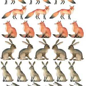 May include: A sheet of watercolor animal stickers featuring foxes and hares. The foxes are depicted in shades of orange and brown, while the hares are in gray and brown. The stickers are arranged in rows, with the foxes at the top and the hares below.