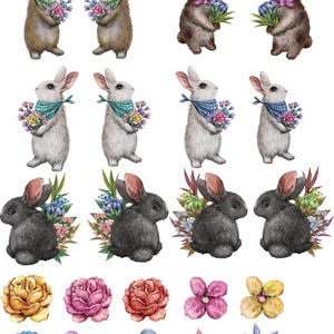 May include: A collection of watercolour illustrations featuring bunnies and flowers. The bunnies are depicted in shades of brown, grey, and black, holding bouquets. Individual flower illustrations in pink, purple, and yellow are also present.