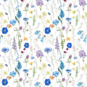 May include: A seamless pattern featuring watercolor illustrations of various wildflowers in shades of blue, purple, yellow, and green. The flowers are arranged in a random pattern on a white background.