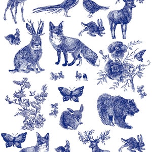 Wildlife in Cobalt Blue - Ceramic Decals- Enamel Decal - Fusible Decal - Glass Fusing Decal ~ Waterslide Decal - 12786