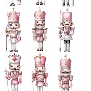 Peut inclure: Illustrations à l'aquarelle de casse-noisettes roses et blancs dans diverses poses. Chaque casse-noisette est orné d'un chapeau, d'un uniforme et d'accessoires détaillés. L'image comprend le numéro "67118" en haut.