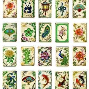 May include: A collection of rectangular tiles with various Asian-inspired designs. Each tile features detailed illustrations of flowers, animals, and symbols, including a panda, koi fish, and peacock. The color palette includes shades of green, red, and gold.