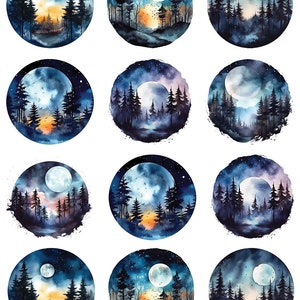 Może przedstawiać: Dwunastu akwarel przedstawiających pełnię księżyca w leśnym otoczeniu. Każdy obraz charakteryzuje się innym schematem kolorystycznym i kompozycją, a księżyc pojawia się w różnych odcieniach niebieskiego, białego i żółtego. Las jest przedstawiony w odcieniach niebieskiego, zielonego i czarnego, a drzewa są sylwetkami na tle księżyca.