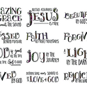May include: A collection of 10 colorful hand-lettered inspirational quotes with a Christian theme. The quotes include "Amazing Grace", "Blessed Assurance", "Jesus is Mine", "Beautiful in God's Eyes", "Blessed Beyond Measure", "Faith to Move Mountains", "God is Good", "Joy in the Journey", "A Light in the Darkness", "Loved by God", "Nothing Shall Ever Separate Us from the Love of God", and "Rejoice in the Lord Always".