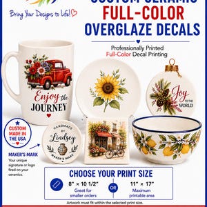 May include: A promotional display for custom ceramic full-color overglaze decals featuring a mug, plate, ornament, bowl, and tile with various designs. Text includes 'EXPRESSION DECALS', 'Enjoy the JOURNEY', 'Joy TO THE WORLD', and print sizes 8" x 10 1/2" or 11" x 17".