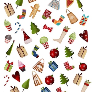 May include: A colorful illustration of Christmas-themed items, including presents, stockings, candy canes, ornaments, cupcakes, and trees. The illustration is painted in a whimsical style with a white background.
