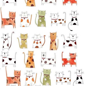 May include: A pattern of illustrated cats in a variety of colours, including orange, green, and white, with polka dots and solid patterns. Each cat has a collar and a unique pose, creating a playful and artistic design.