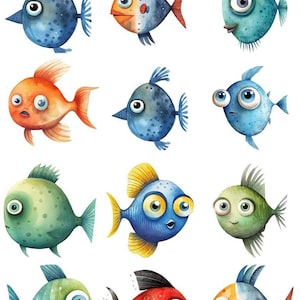 Könnte beinhalten: Zwölf Aquarellillustrationen von Cartoon-Fischen in verschiedenen Farben, darunter Blau, Orange, Grün und Rot. Jeder Fisch hat einzigartige Merkmale, wie große Augen und unterschiedliche Flossendesigns. Das Bild enthält die Nummer "38841" in der oberen linken Ecke.