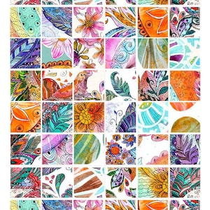 May include: A colourful collage of 48 square tiles, each displaying a unique watercolour design. The artwork features a mix of floral patterns, feathers, and abstract shapes in a palette of bright colours including orange, pink, blue, and green.