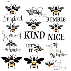 May include: A collection of black and yellow bee illustrations with various inspirational words. The words include "Inspired", "Kind", "Nice", "Different", "Let It", and "We Bee Long Together". The word "Beautiful" is also included.