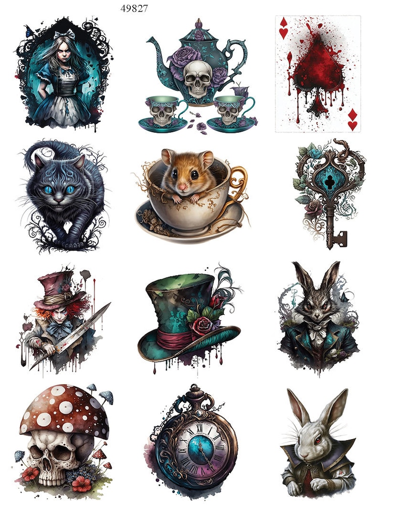 Dark Alice in Wonderland Ceramic Decals Enamel Decal Fusible Decal