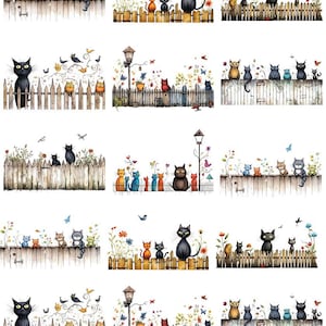 Może przedstawiać: Cyfrowa ilustracja czarnych kotów i innych kolorowych kotów siedzących na drewnianym płocie z kwiatami i ptakami. Koty patrzą wszystkie na widza. Obraz jest na białym tle.