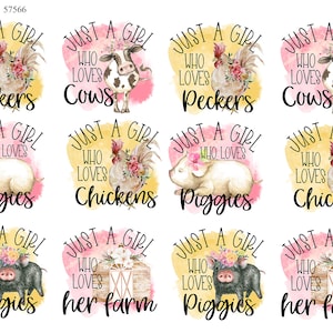 May include: Eight colorful watercolor illustrations of farm animals with text overlays. The text reads "Just a girl who loves" followed by the animal name. The animals are a rooster, a cow, a pig, a chicken, a pig, a chicken, a pig, and a barn.
